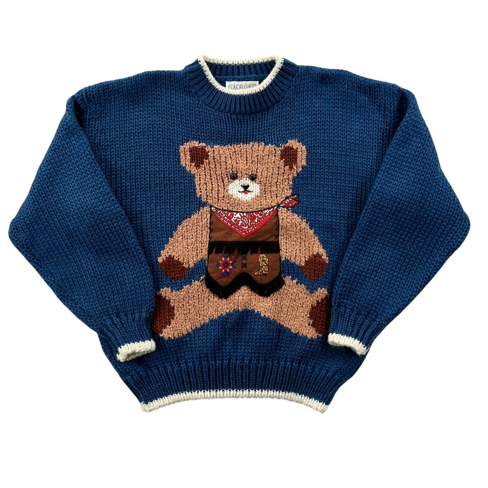VTG 90s Color Cues Sweater Women L Blue Cowboy Teddy Bear Hand Knit Western